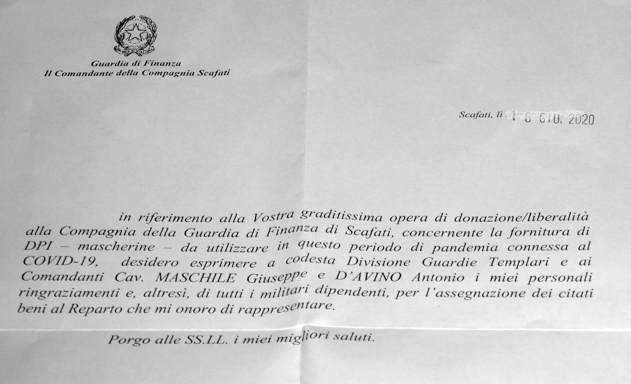 Portici (NA) – Encomio agli Angeli Templari da parte della Guardia di Finanza di Scafati