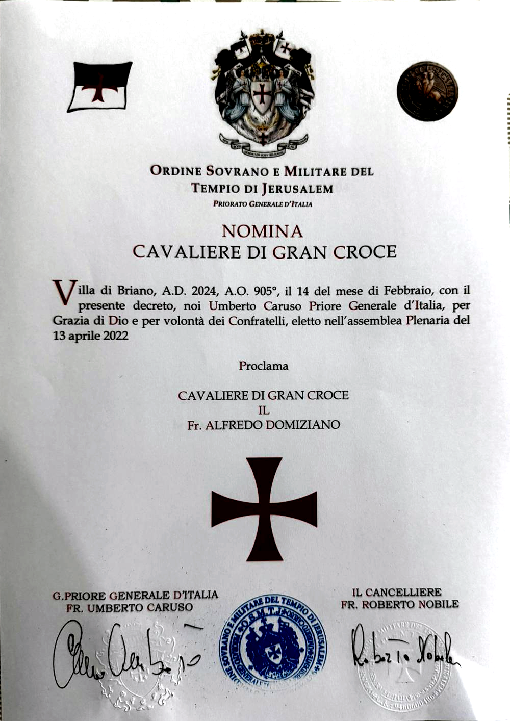Villa di Briano (CE) – Il Priore Generale d’Italia nomina il decano dell’Ordine Fra’ Alfredo Domiziano Cavaliere di Gran Croce